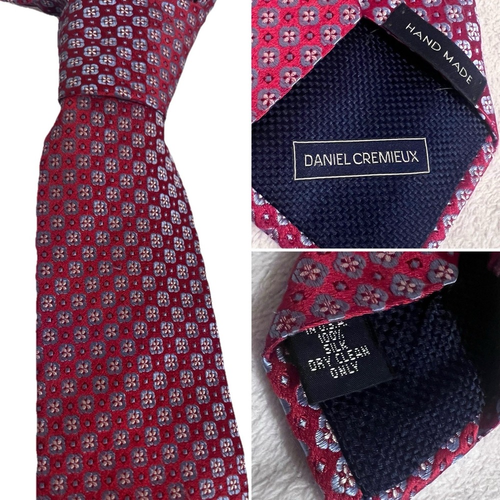 Daniel‎ Cremieux Silk Tie Red Gray Geometric Handmade 100% Silk (t3)